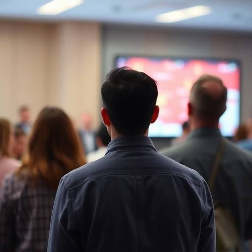 Grupo de pessoas assistindo uma apresentaäão.