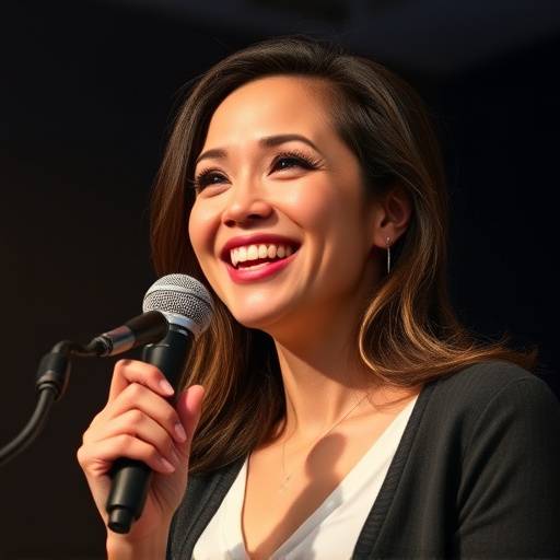 Mulher sorrindo e falando confiante em um microfone durante uma apresentaäão.
